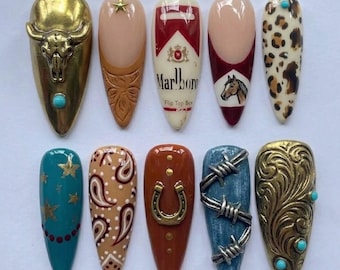 Handmade Western Cowboy Press On Nails, 3D Rodeo & Turquoise Custom Fake Nails, Vintage Aesthetic Design, Wild West Art Nail Box