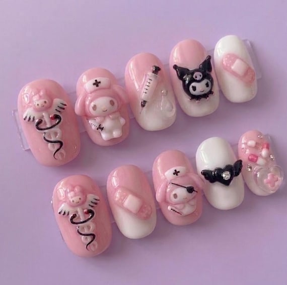 Nurse My Melody Kuromi Medical Yami Kawaii, 3D Syringe Pill Bandage, Sanrio Pink White Art, Short Oval Press On Nails