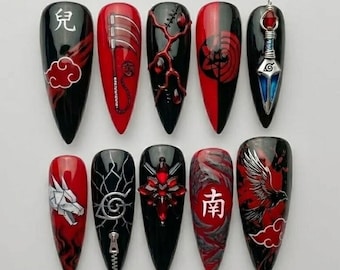 Uñas postizas Akatsuki hechas a mano, arte kunai 3D de nube roja Sharingan, estilo gótico anime oscuro