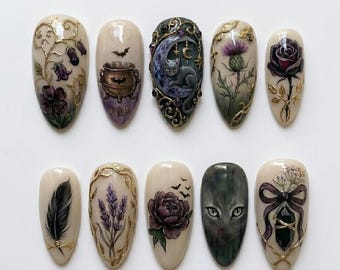 Witchy Botanical Herbarium 3D Press On Nails, Hand Painted Cat & Moon Cauldron Art, Dark Academia Gothic, Almond Shape