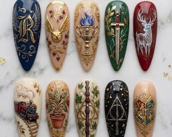 Handgefertigte Harry-Potter-Zauber-Press-On-Nägel, 3D-Gel-Kunst mit Goldenem Schnatz und Hogwarts-Wappen, Fantasy-Maniküre