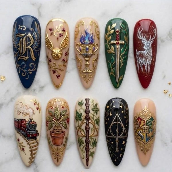 Handgefertigte Harry-Potter-Zauber-Press-On-Nägel, 3D-Gel-Kunst mit Goldenem Schnatz und Hogwarts-Wappen, Fantasy-Maniküre