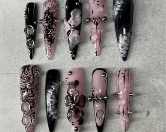 Gothic Pierced Press On Nails: Pink, Black, Cyber Sigilism Grunge