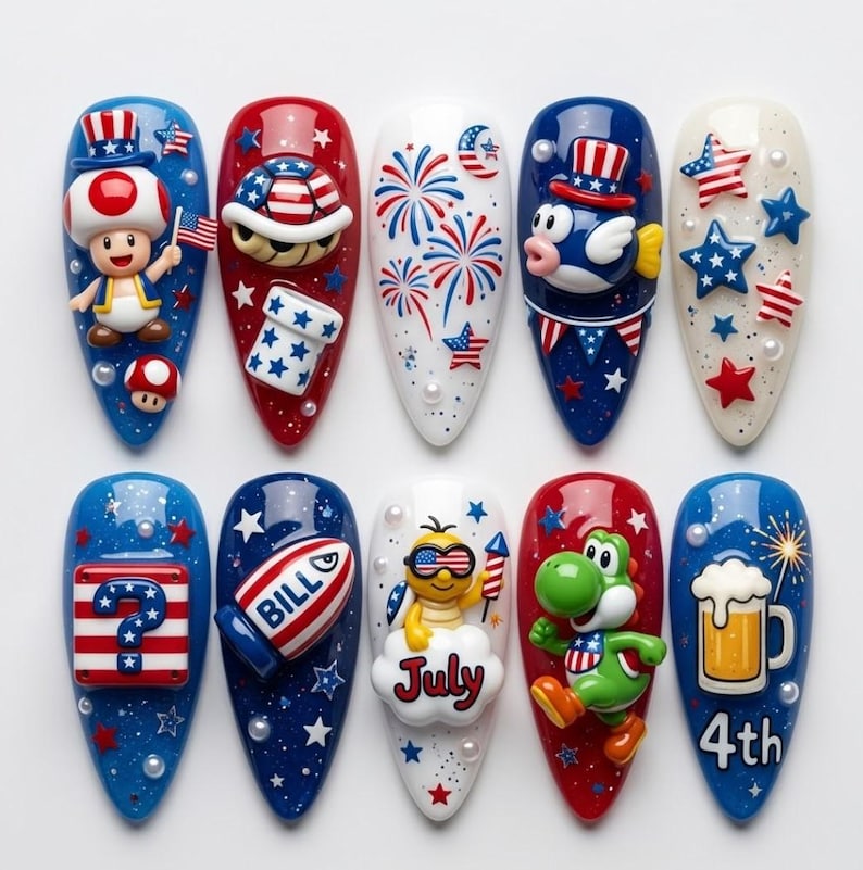 Pode incluir: Um conjunto de dez designs de nail art com temas patri&oacute;ticos e personagens de desenhos animados. Os designs incluem fogos de artif&iacute;cio, estrelas e personagens como Toad, Yoshi e um peixe com cartola. As cores incluem vermelho, branco e azul.