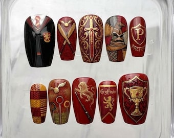 Ongles à coller Gryffin Door House, manucure acrylique gel 3D sur le thème des sorciers et des écoles de magie