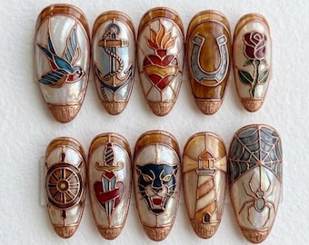 Handmade Traditional Tattoo Press On Nails, 3D Stained Glass Relief, Vintage Old School Sailor Art, Pearl False Nails