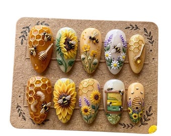Abeilles faites main tournesol à presser sur les ongles, faux ongles personnalisés sur le thème du jardin 3D, apiculteur fantaisiste, boîte à ongles détaillée art floral