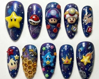 Super Mario Galaxy Press On Nails, 3D Luma Bee, Cosmic Star Toadette Art