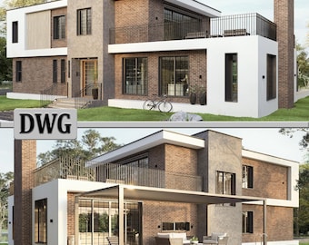 Modern 2-Story Villa House Plan | 3 Bedroom, Pool, Rooftop Terrace (DWG)