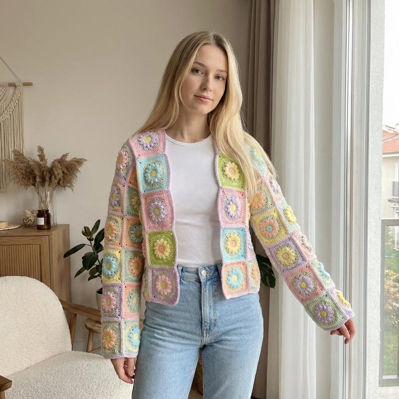 Crochet Granny Square Cardigan Pattern, Floral Square Jacket PDF ...