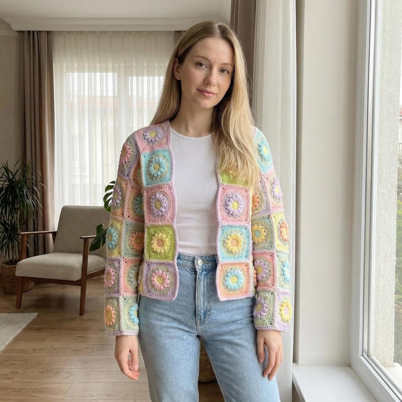 Crochet Granny Square Cardigan Pattern, Floral Square Jacket PDF ...