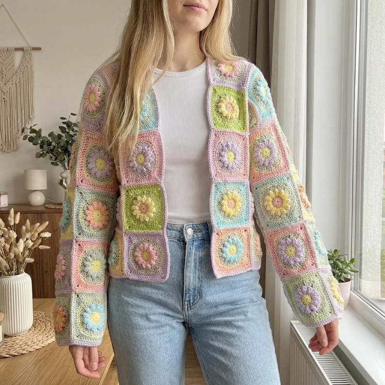 Crochet Granny Square Cardigan Pattern, Floral Square Jacket PDF ...