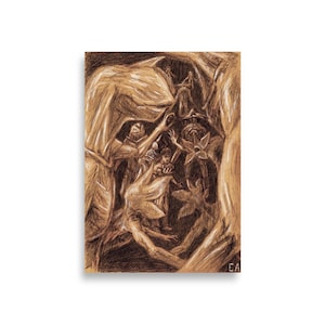 May include: A sepia-toned pencil drawing presents a fantastical scene with figures amidst stylized foliage. The artwork features detailed shading and highlights, creating a sense of depth and texture. The composition is centered, with figures interacting within a naturalistic setting.