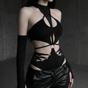 Gothic Cutout Bandage Bodysuit – Cyber Y2K Techwear Top