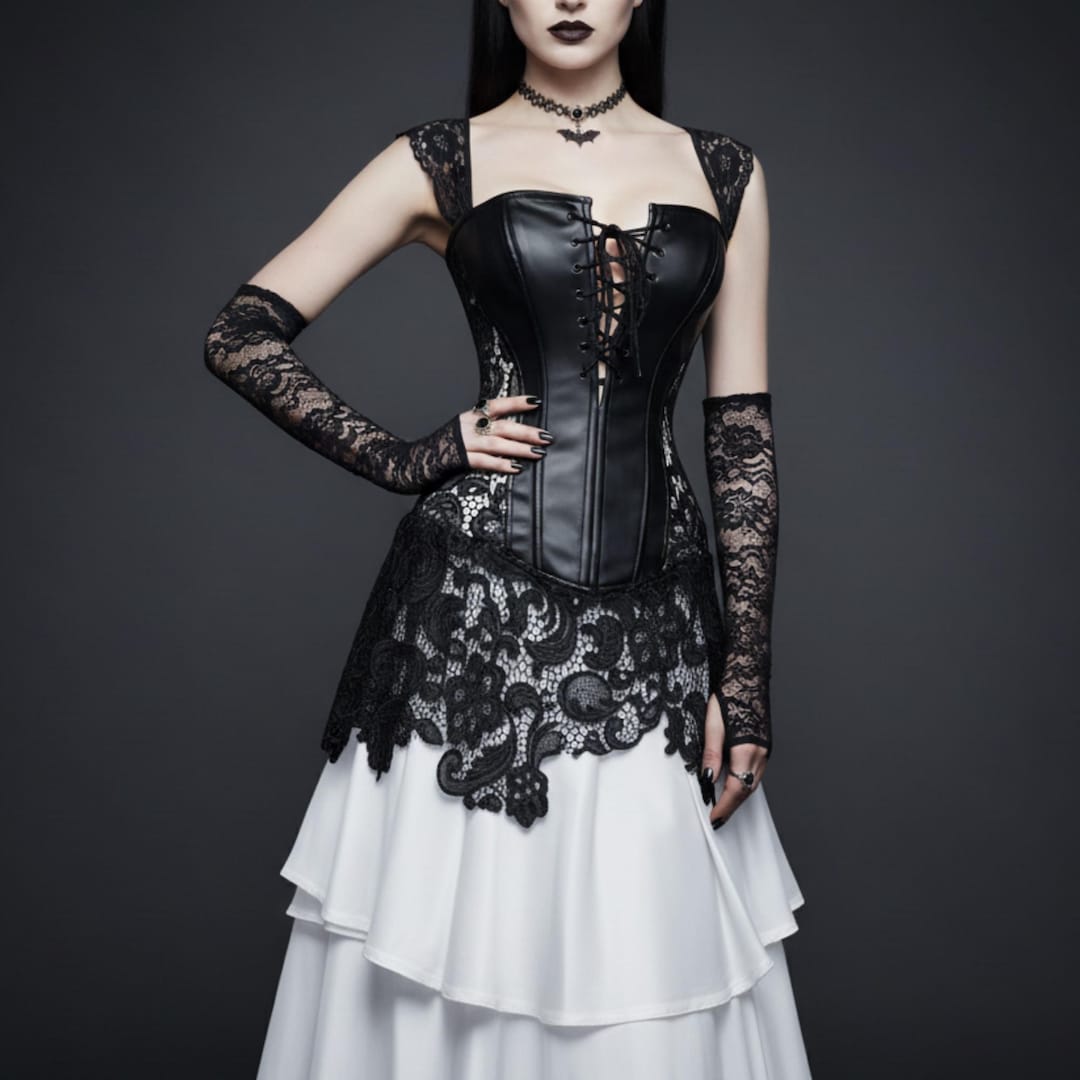 Goth Mode Gothic Lace Corset Dress: Black Faux Leather, Lace-up Front ...