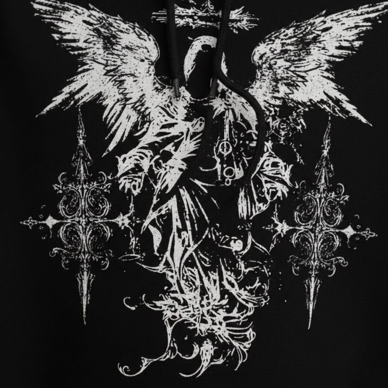 May include: Black hoodie featuring a detailed white graphic of an angel with outstretched wings and ornate crosses. The design is centered on the front of the hoodie, creating a striking contrast against the dark background.