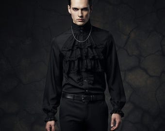 Men’s Victorian Gothic Ruffle Shirt – High Collar Black Romantic Blouse, Dark Elegant Formal Top