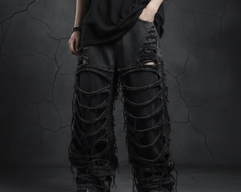 Men’s Gothic Y2K Ripped Jeans – Extreme Distressed Black Baggy Pants, Grunge Streetwear Wide Leg