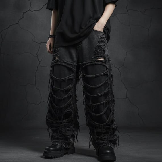 Men's Gothic Y2K Ripped Jeans – Extreme Distressed Black Baggy