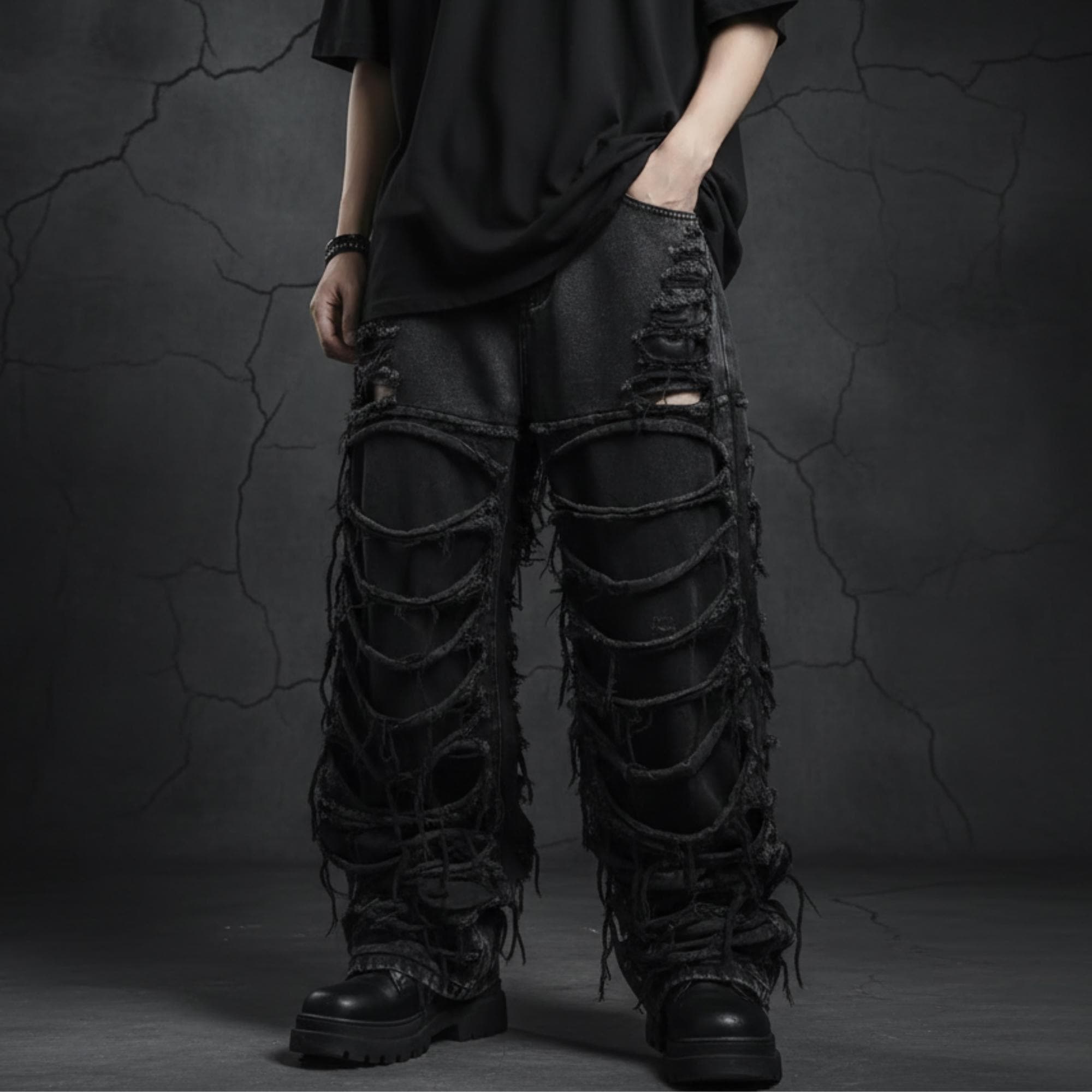 Men's Gothic Y2K Ripped Jeans – Extreme Distressed Black Baggy