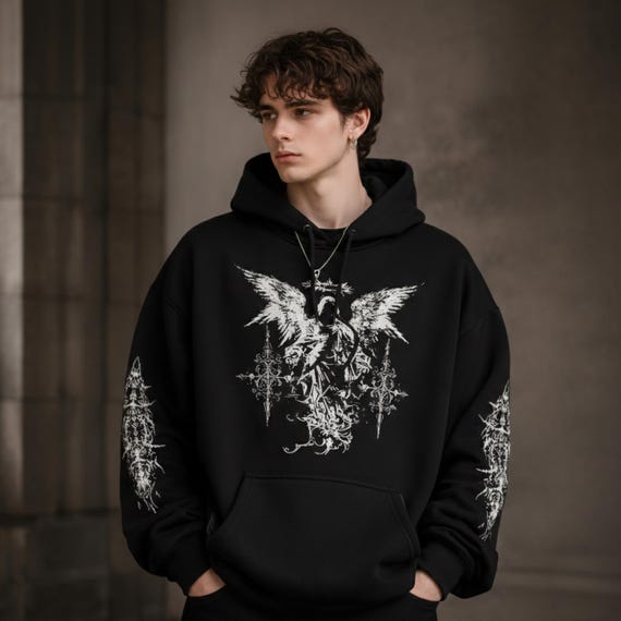 Gothic Angel Hoodie Unisex, Black Occult, Dark Grunge Streetwear, Oversized Alternative Hoodie