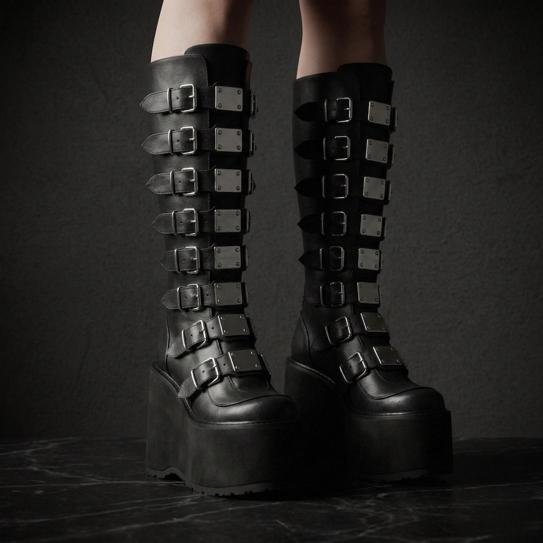 Gothic Platform Knee High Boots – Punk Buckle Straps, Black Leather ...