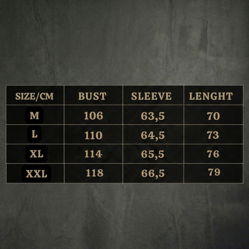 May include: A size chart with measurements in centimeters for a garment. The chart includes sizes M, L, XL, and XXL, with corresponding bust, sleeve, and length measurements. The background is a dark, textured surface.