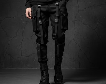 Pantaloni cargo da uomo in stile gotico tecnico - Pantaloni tattici neri con cinturino, pantaloni utility streetwear Cyber Y2K