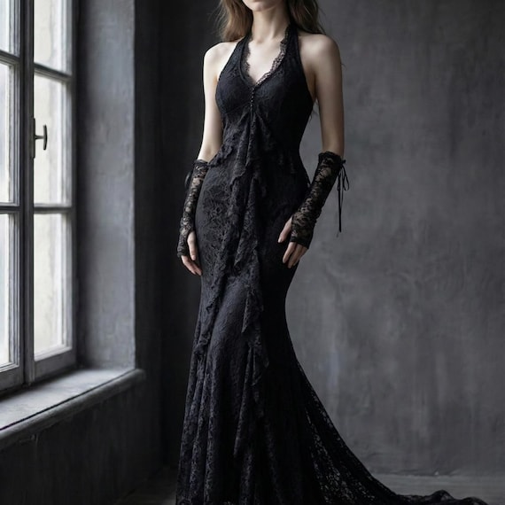 gothic halter dress Black Lace Maxi makeup desk with drawers