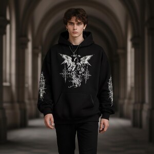 Gothic Angel Hoodie Unisex, Black Occult, Dark Grunge Streetwear, Oversized Alternative Hoodie image 5