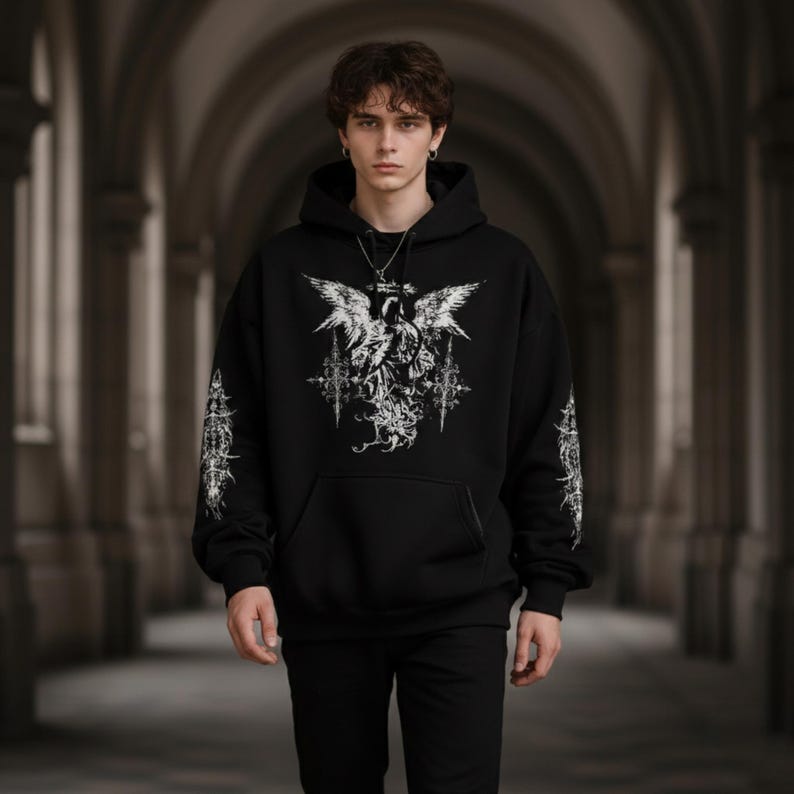 Gothic Angel Hoodie Unisex, Black Occult, Dark Grunge Streetwear, Oversized Alternative Hoodie image 5
