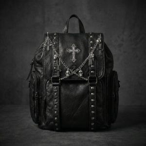 Peut inclure: Sac à dos en cuir noir avec des croix et des crânes argentés. Le sac à dos a une fermeture à rabat, des poches latérales et des détails cloutés. Des chaînes avec des breloques croix et crânes pendent du rabat supérieur.