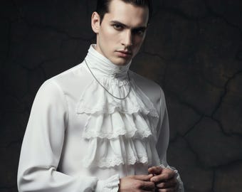 Men’s Victorian Gothic Ruffle Shirt – High Collar White Romantic Blouse, Dark Elegant Formal Top