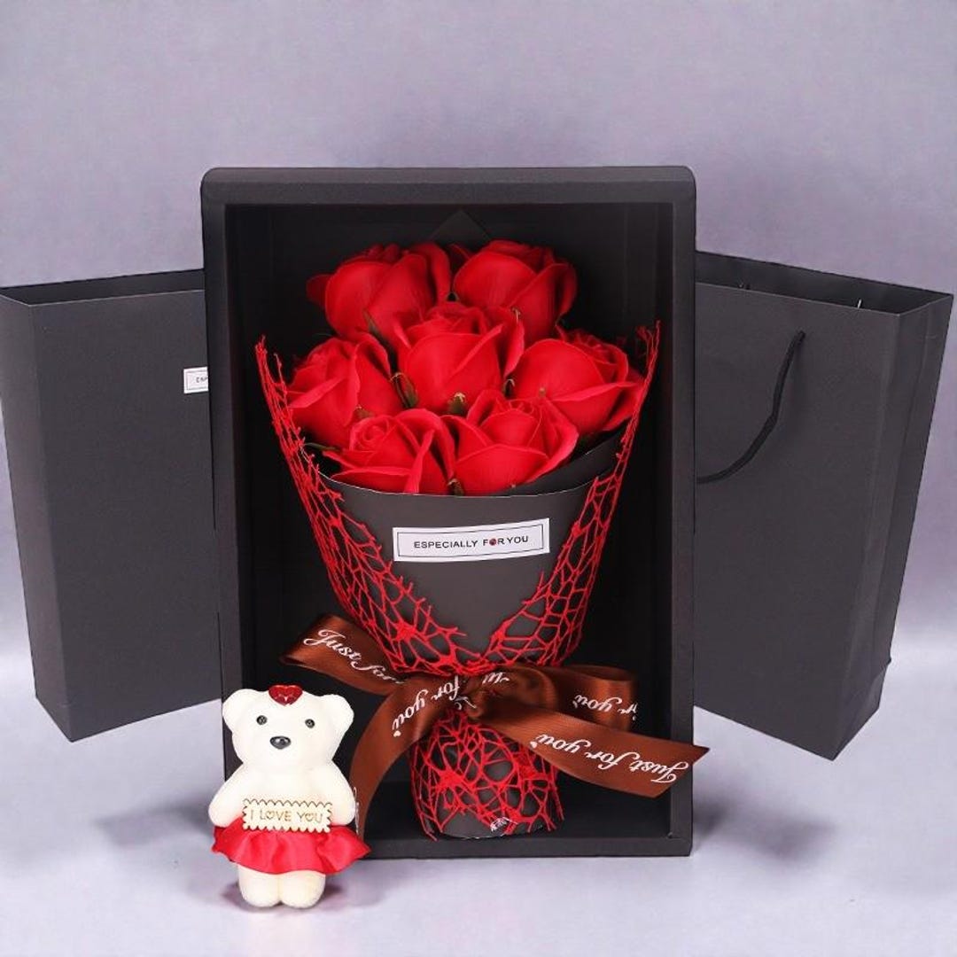 Artificial Rose Bouquet Gift Set With Soap Teddy – Valentine’s Day Love ...
