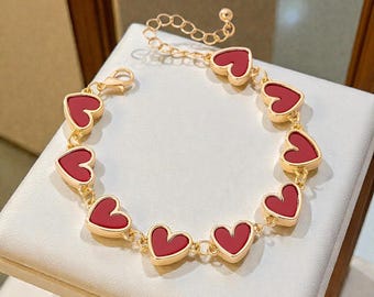 Gold & Red Heart Love Bracelet – Adjustable Romantic Jewellery Gift