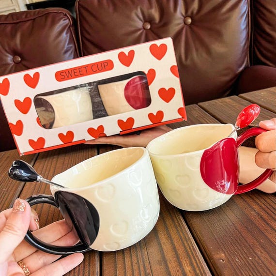 His & Hers Love Mug Gift Set with Matching Heart Spoons