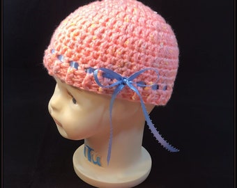 Crocheted beanie hat and matching diaper cover - Peach with flecks of blue and yellow with blue ribbon!!! Newborn photo shoot prop