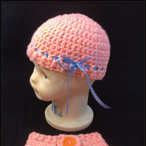 Crocheted beanie hat and matching diaper cover - Peach with flecks of blue and yellow with blue ribbon!!! Newborn photo shoot prop