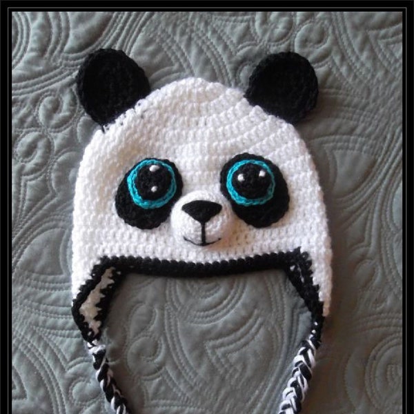 Crocheted "Big Eye'd" Panda Bear Beanie / Earflap Hat Pattern - 6 sizes included - PDF Pattern Download