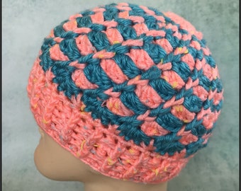 Crocheted Divine Peach and Teal Beanie ! Twisted Cable with Ribbed Brim  Ready to ship !