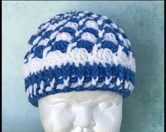 Crocheted Blue and White Beanie: Twisted Cable, Ribbed Brim (3-9 Months)