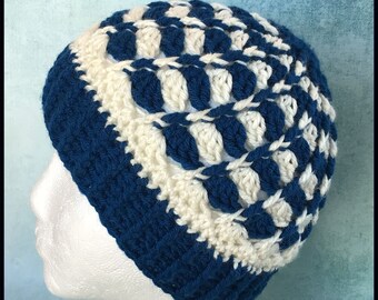 Crocheted Blue and White Beanie: Twisted Cable Knit, Ribbed Brim