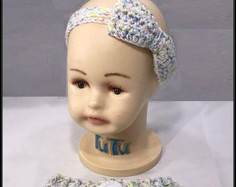 Crocheted 3 strand Headband with matching attached bow and diaper cover with 3 BONUS headbands! Newborn photo shoot prop  Ready to ship!