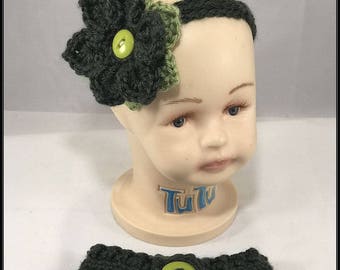 Crocheted 3 strand Lime green and Olive Flower headband with matching diaper cover - plus 3 BONUS headbands! Newborn photo shoot prop !!!