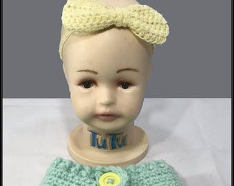 Crocheted Yellow Mesh Headband with matching attached bow and matching diaper cover with 3 BONUS headbands!! - Newborn photo shoot prop