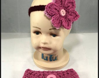 Crocheted Baby Headband with Rose and Diaper Cover + 3 Bonus Headbands
