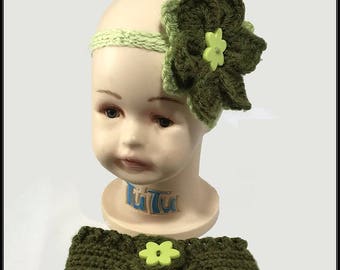 Crocheted Boho 3 strand mesh Lime green / Forest green Flapper Style headband and matching diaper cover - Photo prop ! Ready to Ship!!