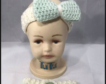 Crocheted Headband Earwarmer with attached bow, matching diaper cover and 3 BONUS headbands- Newborn photo shoot prop  Ready to ship!!
