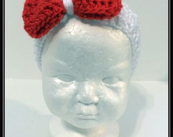 White Headband Earwarmer with attached Red bow - Ready to ship!!