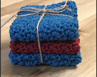 Crocheted Washcloths, Dishcloths, Shower Gift and many more uses!  Teal and Burgandy ! Ready to Ship!! Set of 3